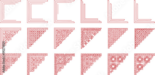 Set of red decorative corner borders vector ornamental geometric frames traditional pattern elements collection isolated