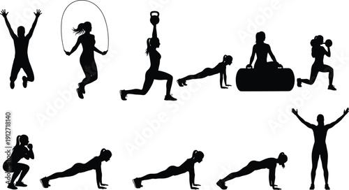 Fitness woman silhouette set with various exercise poses including jumping rope kettlebell swings lunges squats pushups and full body workout training icons