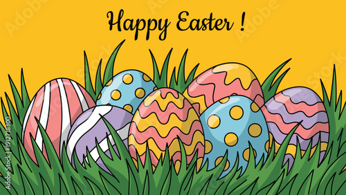 Happy Easter colorful decorated eggs in grass illustration with bright yellow background for spring holiday greeting card and festive banner design