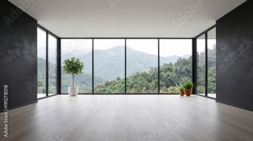 Modern Empty Room with Expansive Windows Overlooking a Mountainous Landscape and Plants, Ideal for Interior Design Mockups