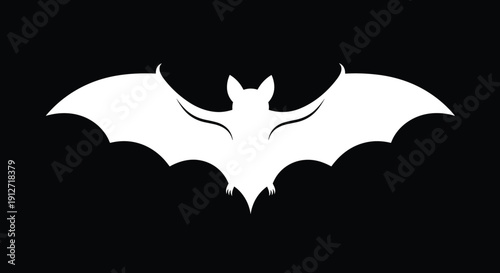 Silhouette of a bat with its wings spread wide in flight, presented as a stark white icon against a solid black background.