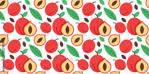 peach fruit seamless pattern flat design background. fresh sweet produce illustration for packaging, textile, wallpaper, or web design. simple vector. pattern with white background 