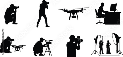 Professional photography and videography production silhouette icons featuring drone operators, camera men, studio lighting, fashion shoot, and digital video editing workspace set