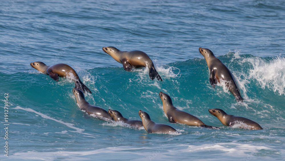 Obraz premium Playful Sea Lions Surfing Ocean Swells