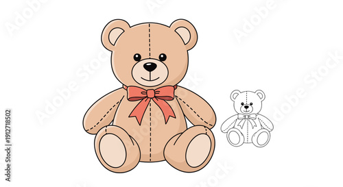 Illustration of a cute brown teddy bear with a red bow sitting next to its small black and white line art version.