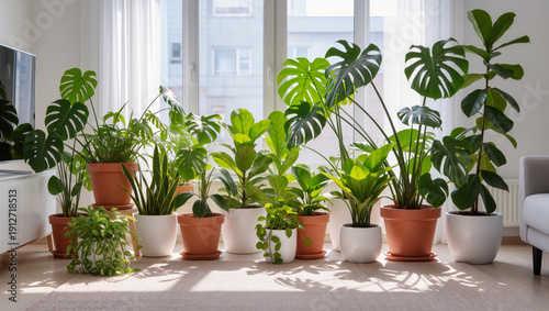 Plants create a lively space in a bright room with big windows