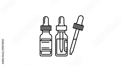 Collection of simple black and white icons representing dropper bottles and a pipette for medicine or cosmetics.