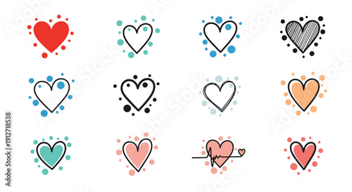 Large set of colorful hand drawn heart icons with different styles and patterns isolated on a white background.