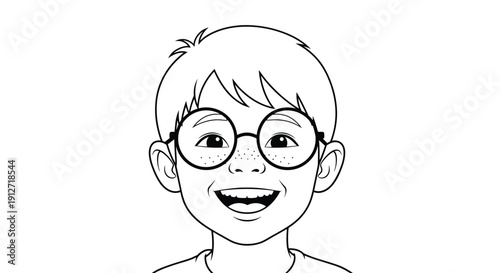 Cheerful line drawing of a young boy with glasses laughing out loud with a wide smile and closed eyes on white background.