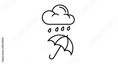 Simple weather icon featuring a rain cloud with four drops falling over an open umbrella in black and white line art.
