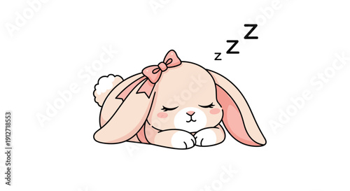 Adorable pink cartoon bunny sleeping comfortably on its belly with small black zzz symbols above its head.