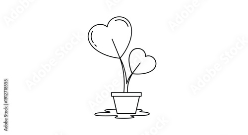 Minimalist line drawing of two heart shaped leaves growing from a single stem in a small pot with water on floor.