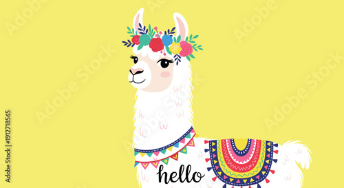 Portrait of a cute white lama with a colorful flower crown and patterned saddle on a bright yellow background.