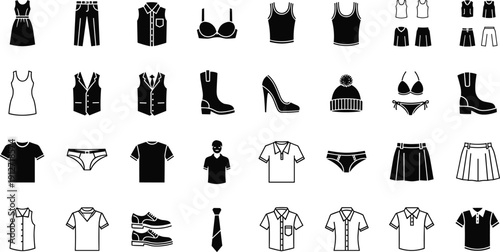 Set of clothes and fashion icons silhouettes including dress trousers shirts vests boots high heels hats swimwear and undergarments for lifestyle design
