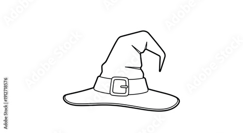 Simple black and white bold outline drawing of a witch hat with a buckle isolated on a plain white background.