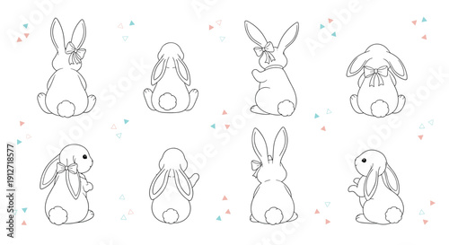 Large set of various bunny character outlines from the back and side view with bows and decorative confetti shapes.