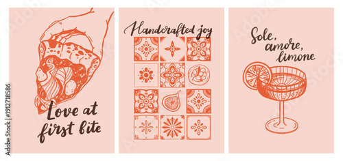 Set of hand drawn vintage posters in dolce vita style. Vector illustration of italian style hand drawn posters. Illustration for invitations, menus design. Breakfast, lunch, dinner concept.