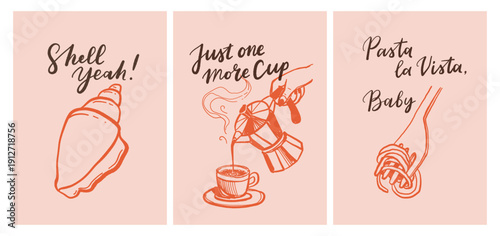 Set of hand drawn vintage posters in dolce vita style. Vector illustration of italian style hand drawn posters. Illustration for invitations, menus design. Breakfast, lunch, dinner concept.