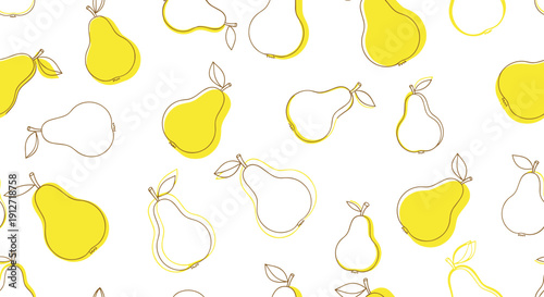 Whimsical seamless pattern features hand drawn pear outlines and yellow fruit shapes for a fresh and organic kitchen decor style.