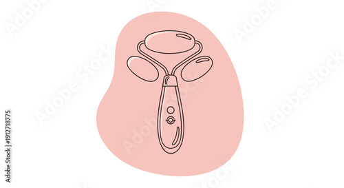 Simple line art illustration of a facial massage roller tool set against a soft pink organic abstract shape background.