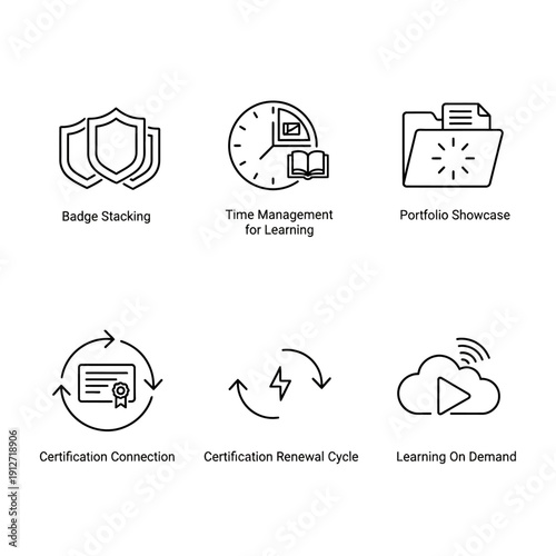 modern e-learning line icons badge stacking time management portfolio certifications and on-demand learning for digital education.