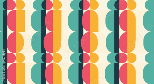 Vibrant geometric seamless pattern featuring repeating abstract shapes of circles and rectangles in a retro color palette.