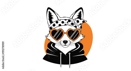 Cool cartoon fox character wearing a black hoodie, a polka dot headband, and heart-shaped sunglasses on an orange background.