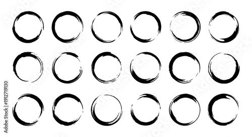 organic hand-drawn black ink brush stroke circles on white versatile grunge frames for modern graphic design and abstract art.