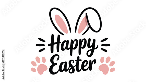 Happy Easter cute typography design with bunny ears and paw prints in pastel colors for spring holiday greeting banner
