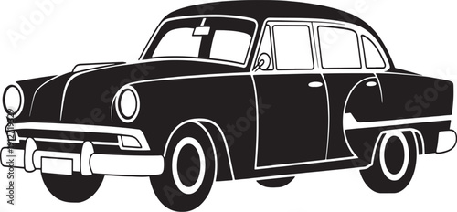 Black and white silhouette of a classic vintage sedan car with rounded vintage car