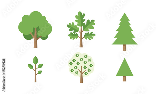 Tree silhouettes vector illustration set, various green plants, natural forest elements