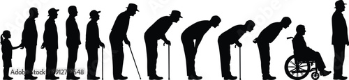Silhouettes showing human life cycle from childhood to old age, aging process stages, elderly man with walking stick and wheelchair, isolated figures