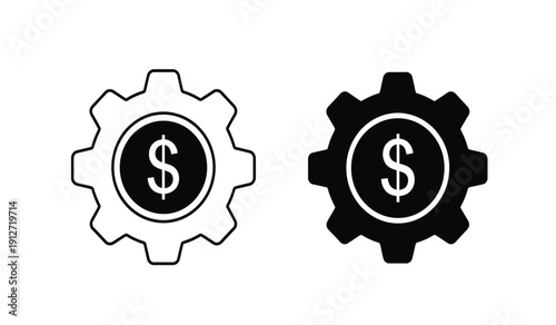 Black and white gear icons with dollar signs on a pure for business and finance concepts