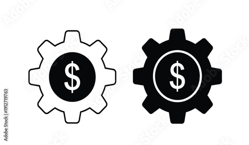 Black and white gear icons with dollar signs on a pure for business and finance concepts