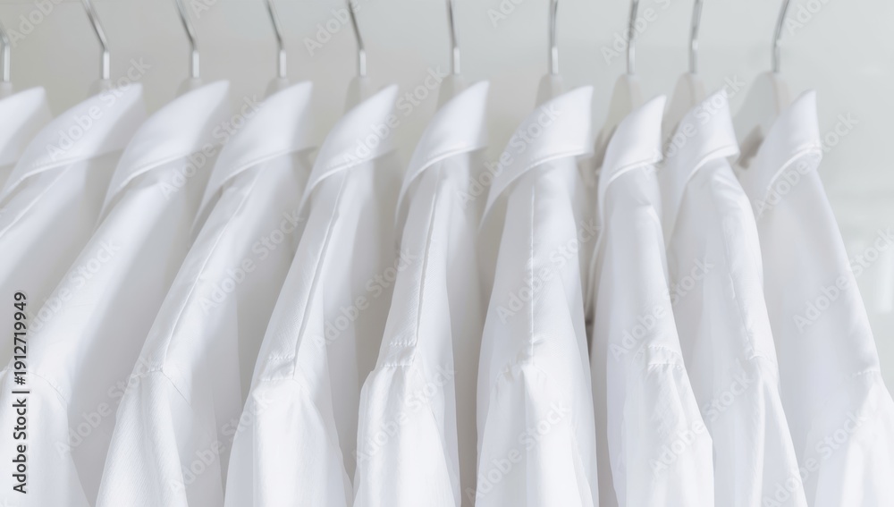 Fototapeta premium Detailed look at neatly hung white shirts on a rack; a sleek fashion arrangement highlighting fabric quality and structured collar design