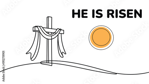 He Is Risen easter concept illustration with empty cross and sunrise symbol representing christian resurrection faith and hope celebration