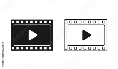 Black and white film strip icons with play buttons for video or movie symbols