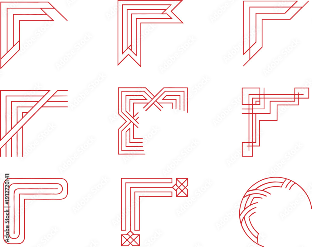Obraz premium Set of red geometric corner shapes vector minimal abstract line art collection