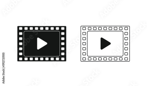 Black and white film strip play button icons for video players and media controls