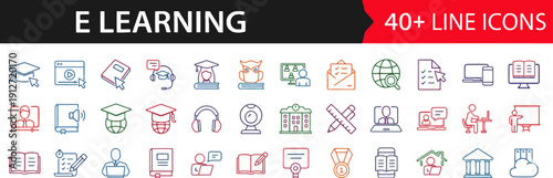 Collection of e-learning icons displayed on a digital interface showcasing various educational symbols and graphics
