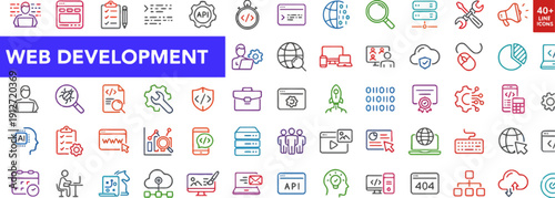 Collection of web development icons on a grid, showcasing various symbols and tools for coding and designing websites