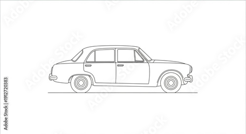 Classic car outline drawing on white background.