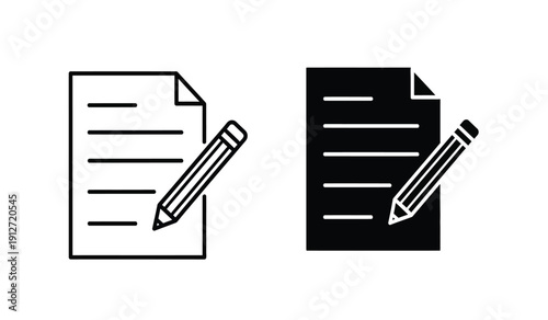 Black and white document icons with pencils on paper sheets