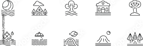 Set of nature landscape line icons vector minimal outdoor environment symbols collection isolated outline design