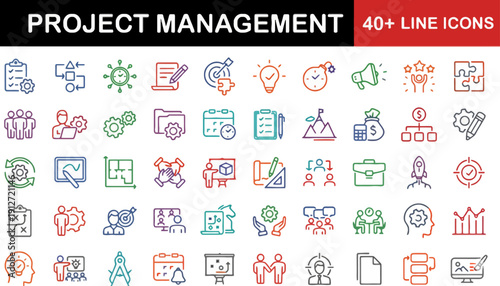 Collection of diverse project management icons displayed together showcasing various elements