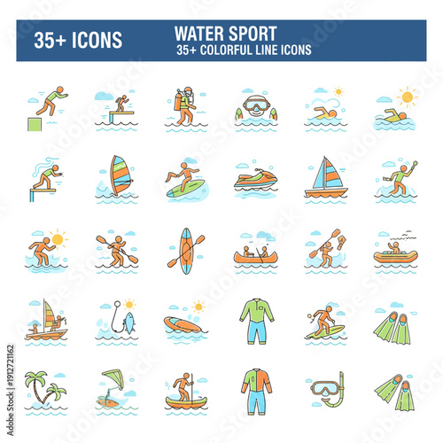 A collection of colorful line icons depicting various water sports and activities in a digital illustration style