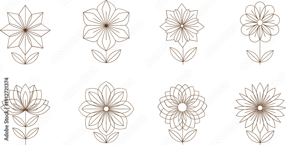 Obraz premium Set of minimalist floral line art vector flowers decorative botanical elements elegant symmetrical outline collection isolated
