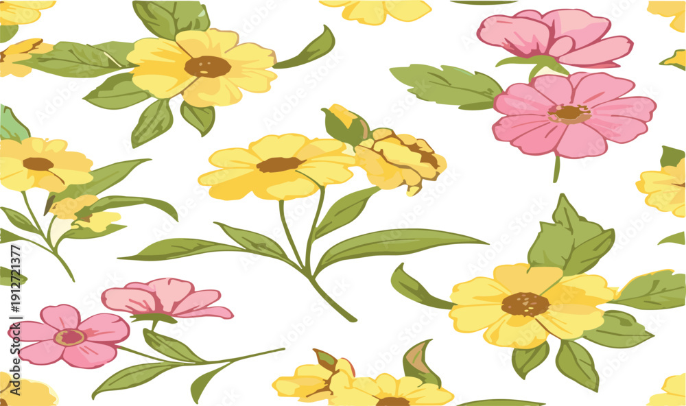 Fototapeta premium Bright Yellow and Pink Floral Seamless Pattern with Garden Blossoms and Green Leaves Decorative Vector Background