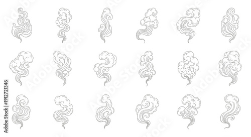 stylized oriental smoke and steam collection intricate vapor elements rising for graphic design aroma and spiritual concept illustrations.