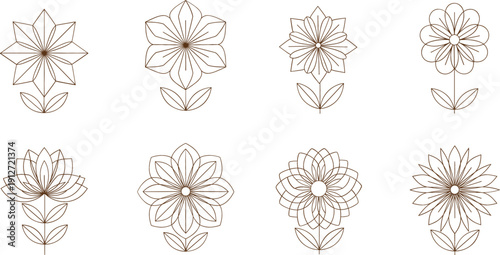 Set of minimalist floral line art vector flowers decorative botanical elements elegant symmetrical outline collection isolated